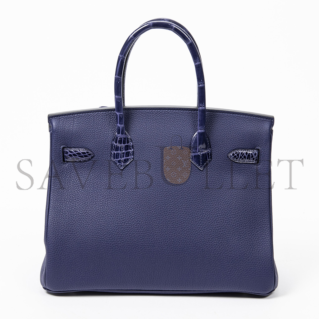 H**mes master birkin 25 crocodile and togo leather storm blue silver buckle h076216ck23 (25*20*13cm)
